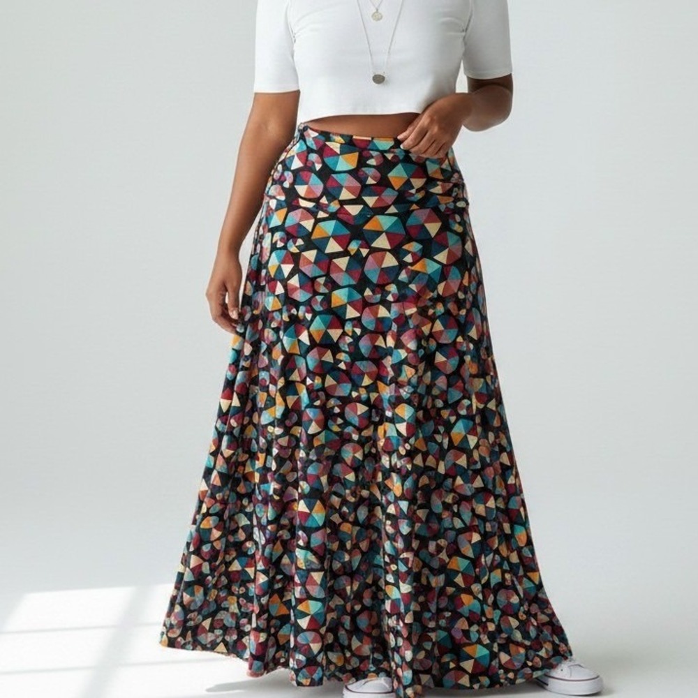 LuLaRoe L Geometric Kaleidoscope Print Maxi Skirt Multi Color Boho Mod Retro